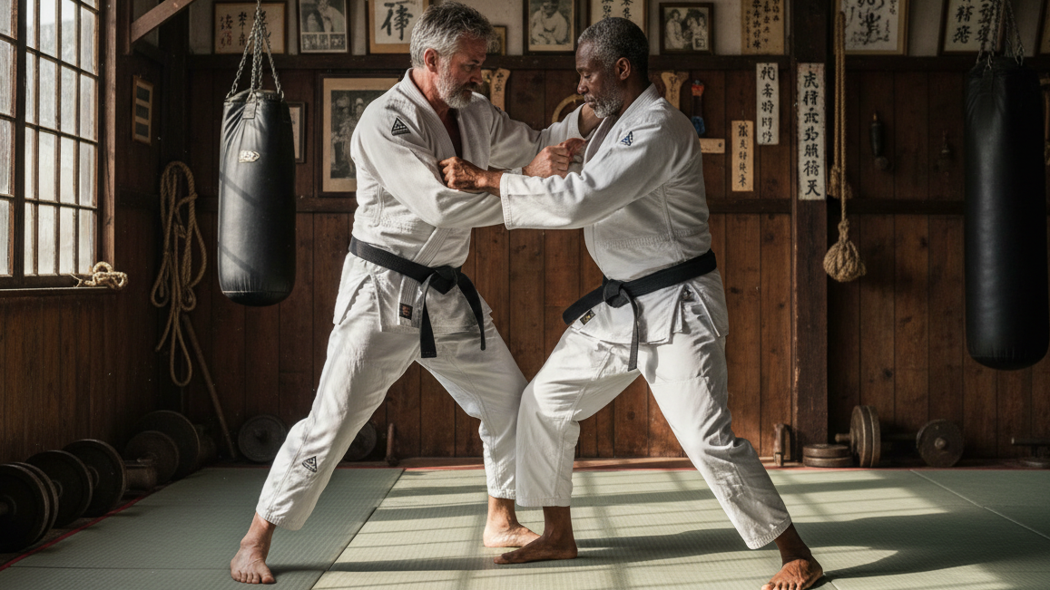 Two 60 year old black belt men sparring - one white and one black